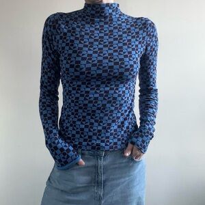 Blue Checkered Mock neck